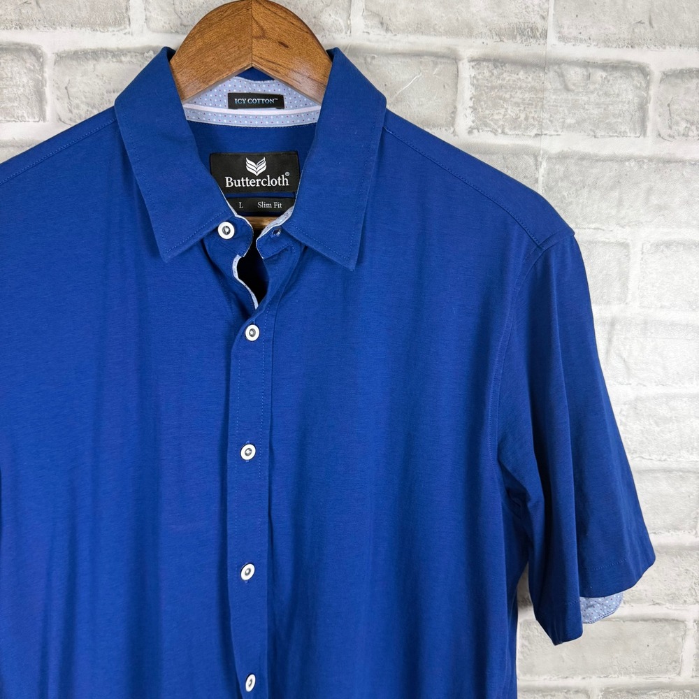 Buttercloth Icy Cotton Slim Fit Short Sleeve Button Down Shirt Blue Mens Large